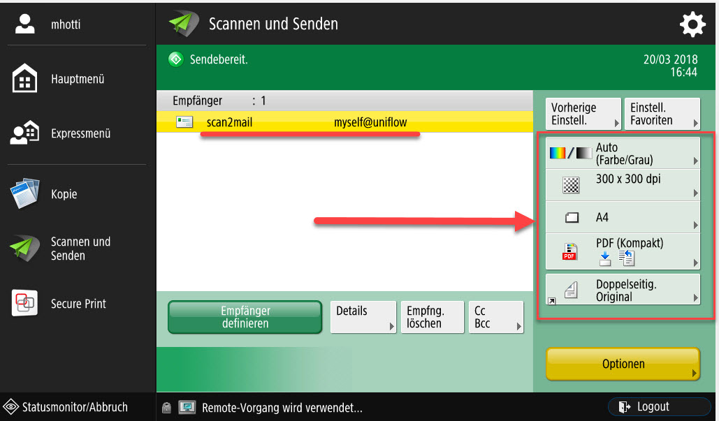 Bild 2: Scaneinstellungen: Farbe, Auflösung, Grösse etc.