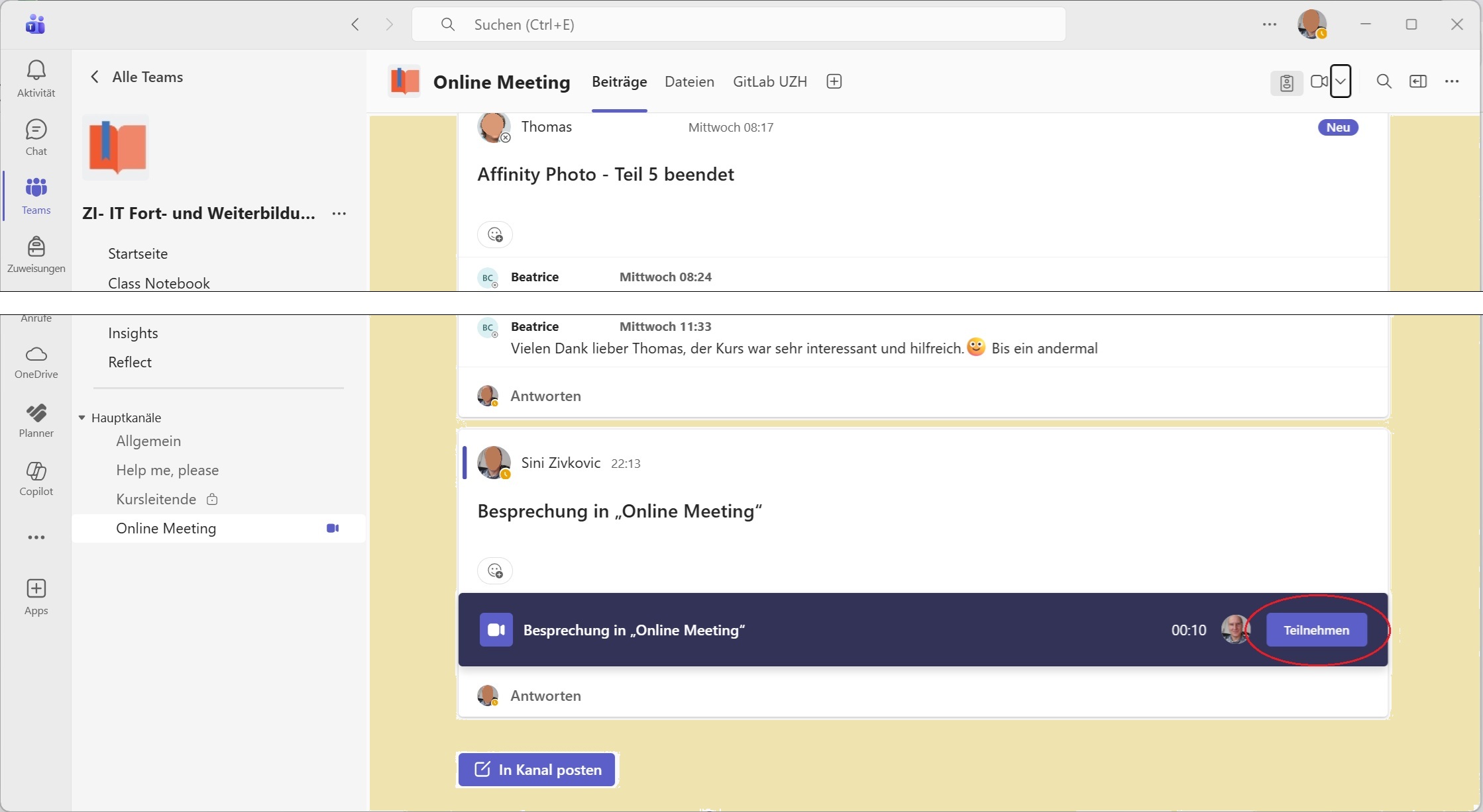 Bild 2: Im Kanal an einem Meeting teilnehmen
