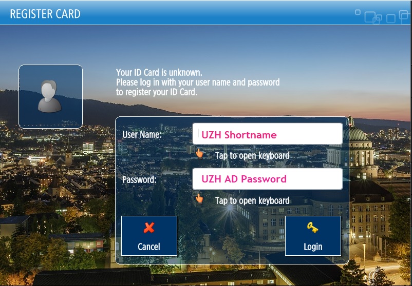 Figure 1: Login window on the display for registering the UZH Card.