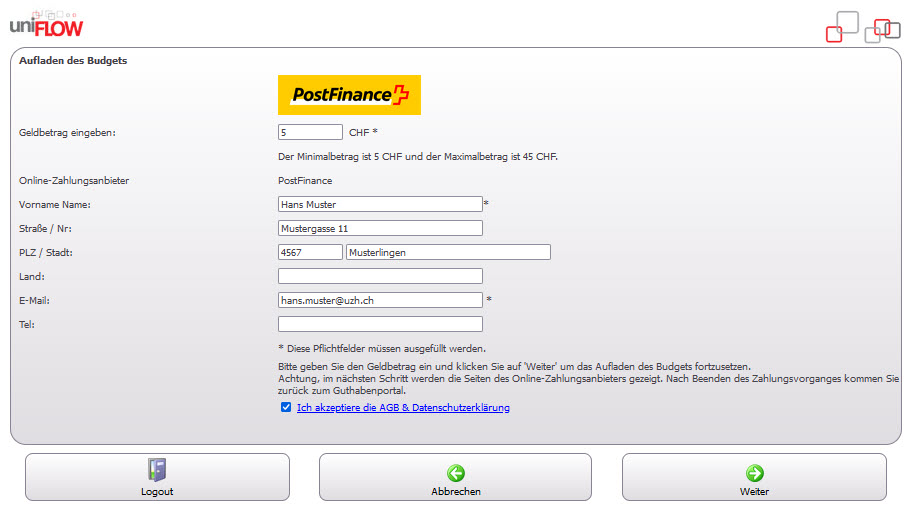 Bild 3: Betrags- und Benutzerangaben