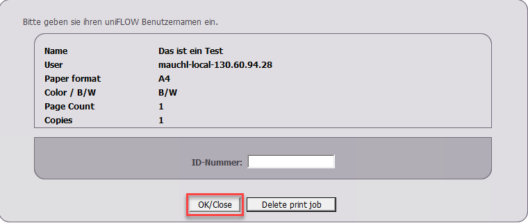 Figure 2: Pop-up window: Send or cancel print job.