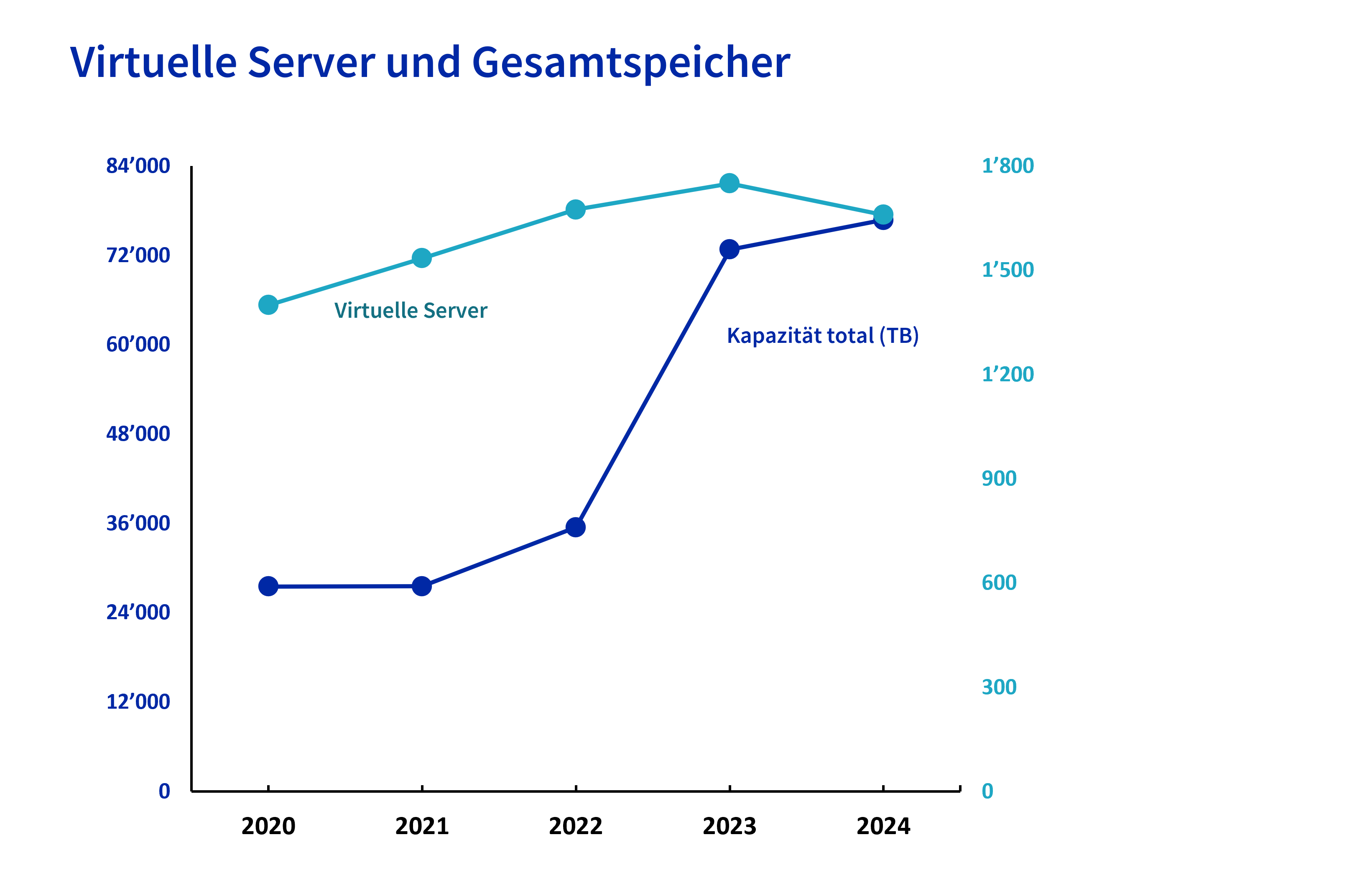 Liniendiagramm «Virtuelle Server und Gesamtspeicher» mit den jährlichen Entwicklungen virtueller Server sowie der gesamten Speicherkapazität von 2020 bis 2024, wobei beide Datenreihen insgesamt ansteigen und die Speicherkapazität besonders stark zwischen 2022 und 2023 zunimmt.
