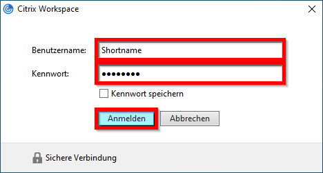 Anmeldefenster der Citrix Workspace App
