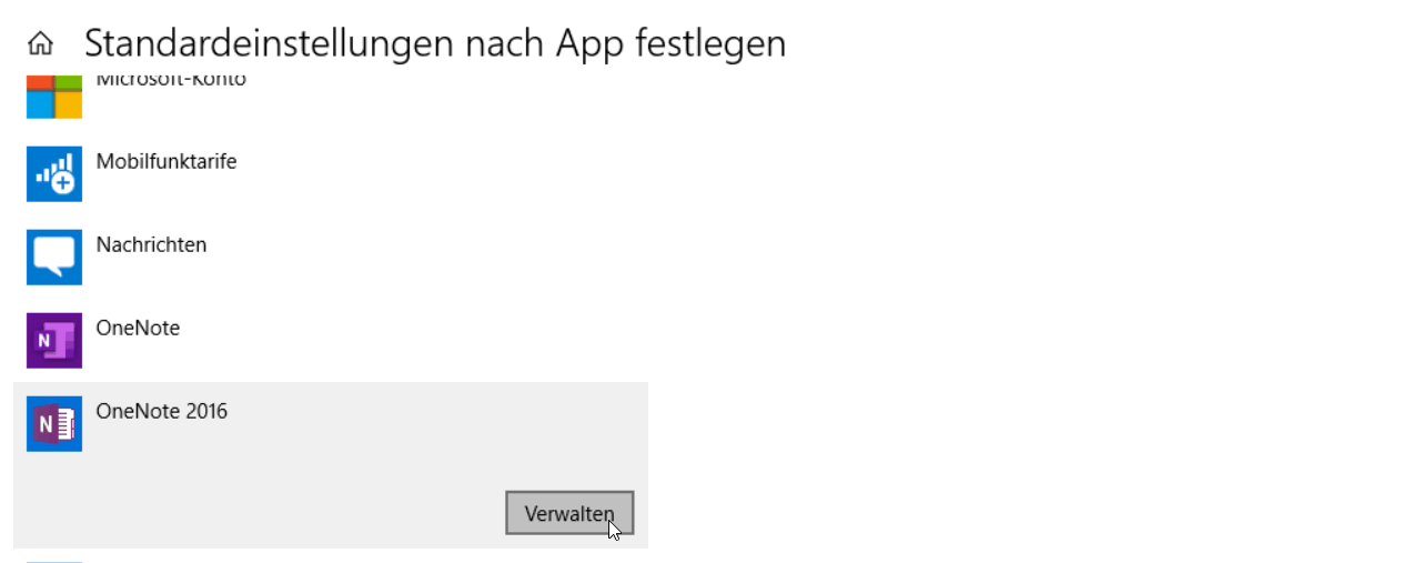 Wählen Sie "OneNote 2016" und "Verwalten"