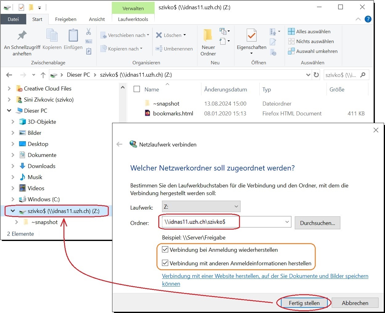 Bild 2:Dialogfeld «Netzlaufwerk verbinden» mit Pfadeingabe und aktivierten Checkboxen