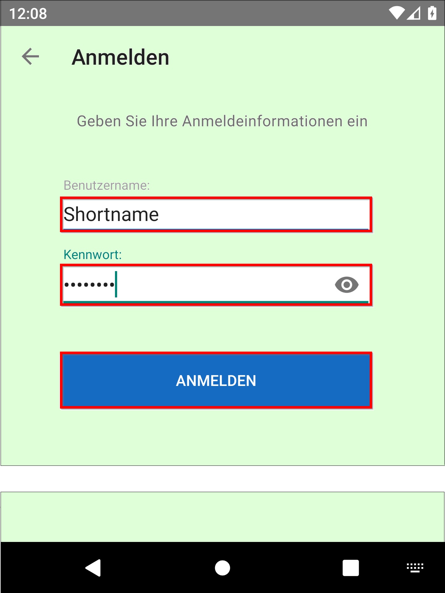 Bild 3: Login-Eingabefelder für Shortname und Active Directory-Passwort