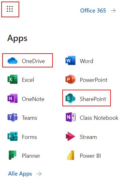 Öffnen Sie SharePoint bzw. OneDrive