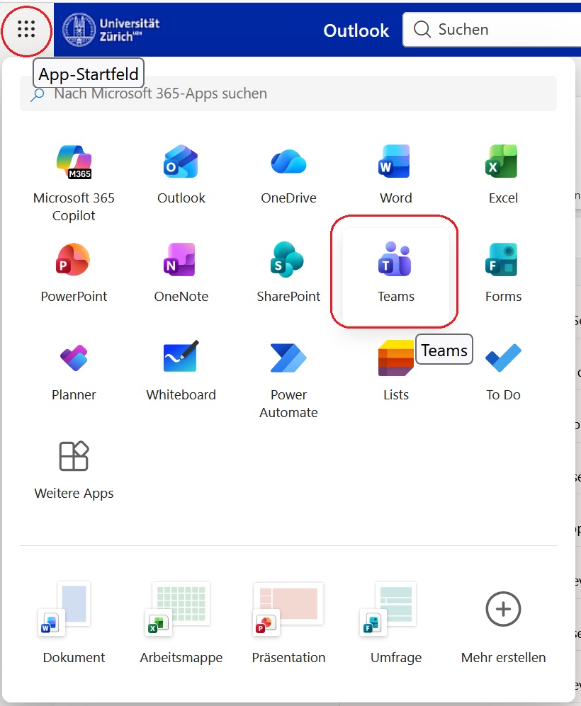 Bild 2: Microsoft Teams via App-Startfeld starten