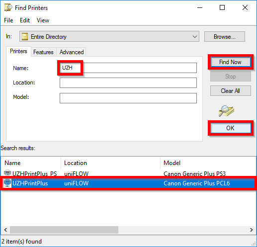 Search desired printer "Find Printers" form