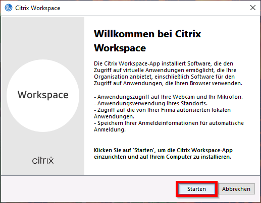 Start der Citrix-Workspace-Installation