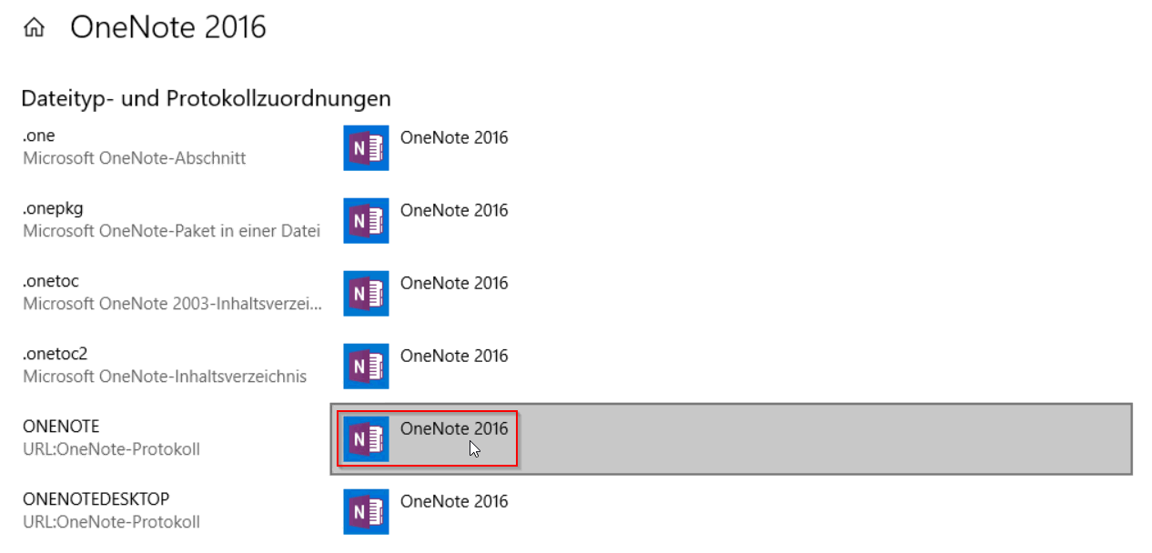 Setzen Sie "OneNote 2016" als Standard.