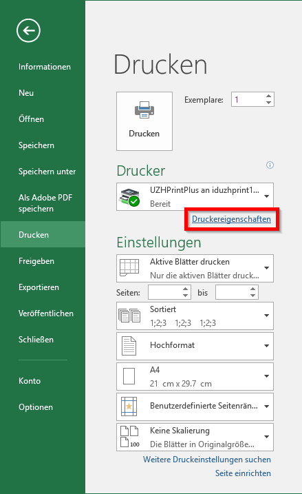 Druckdialog in Excel mit Link "Druckereigenschaften"