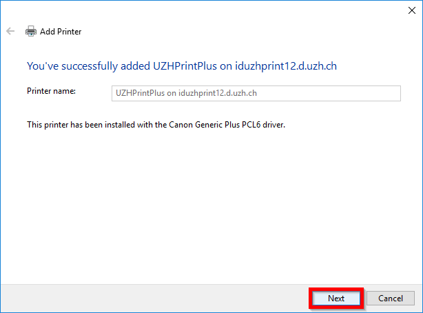 Confirmation message "Add Printer" confirmation window