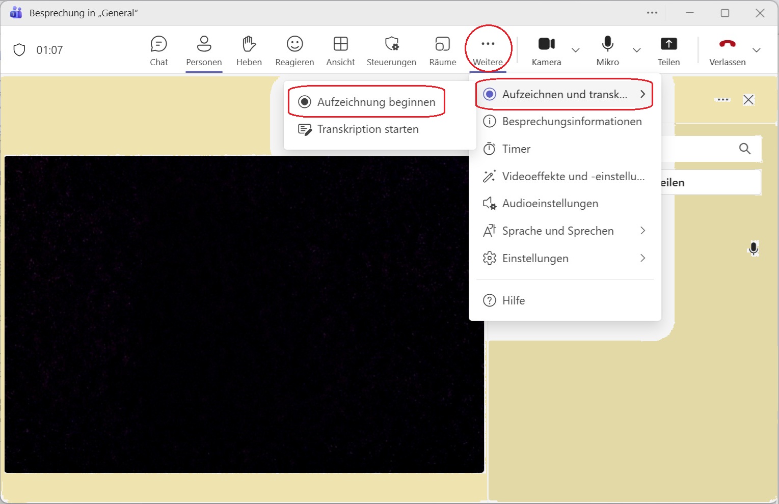Teams-Besprechungsmenübefehl «Aufzeichnung beginnen»