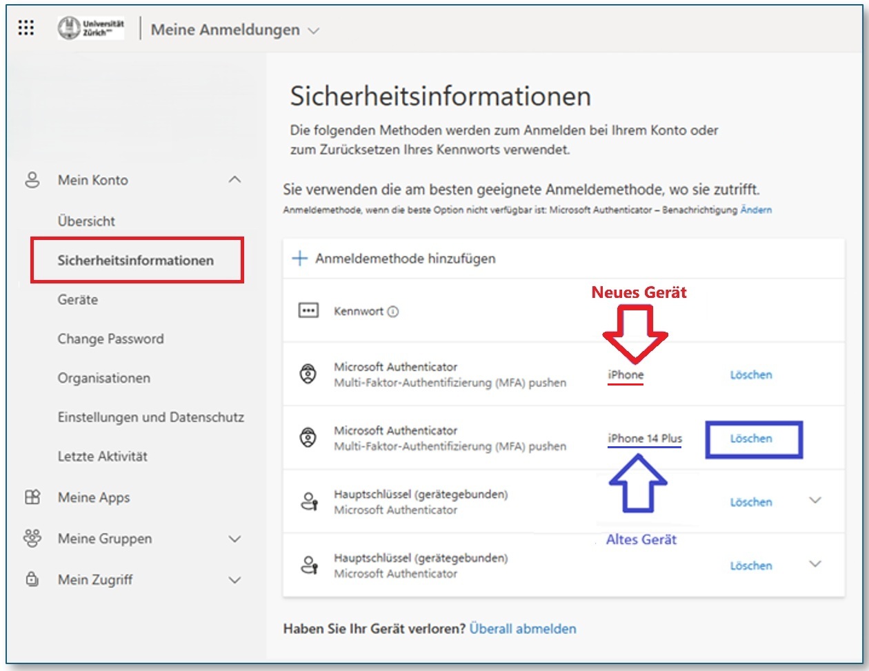 MFA Sicherheitsinformationen mit altem und neueem Gerät