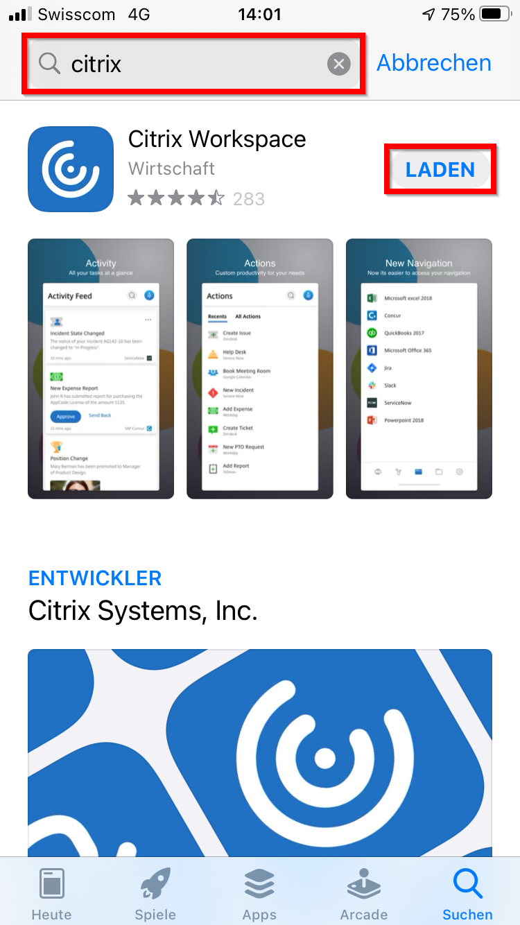 Im Apple App Store nach Citrix suchen und die Citrix Workspace App laden.