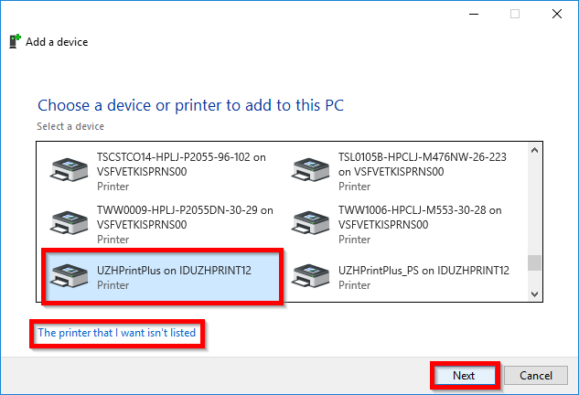 Select printer "Add a device" window