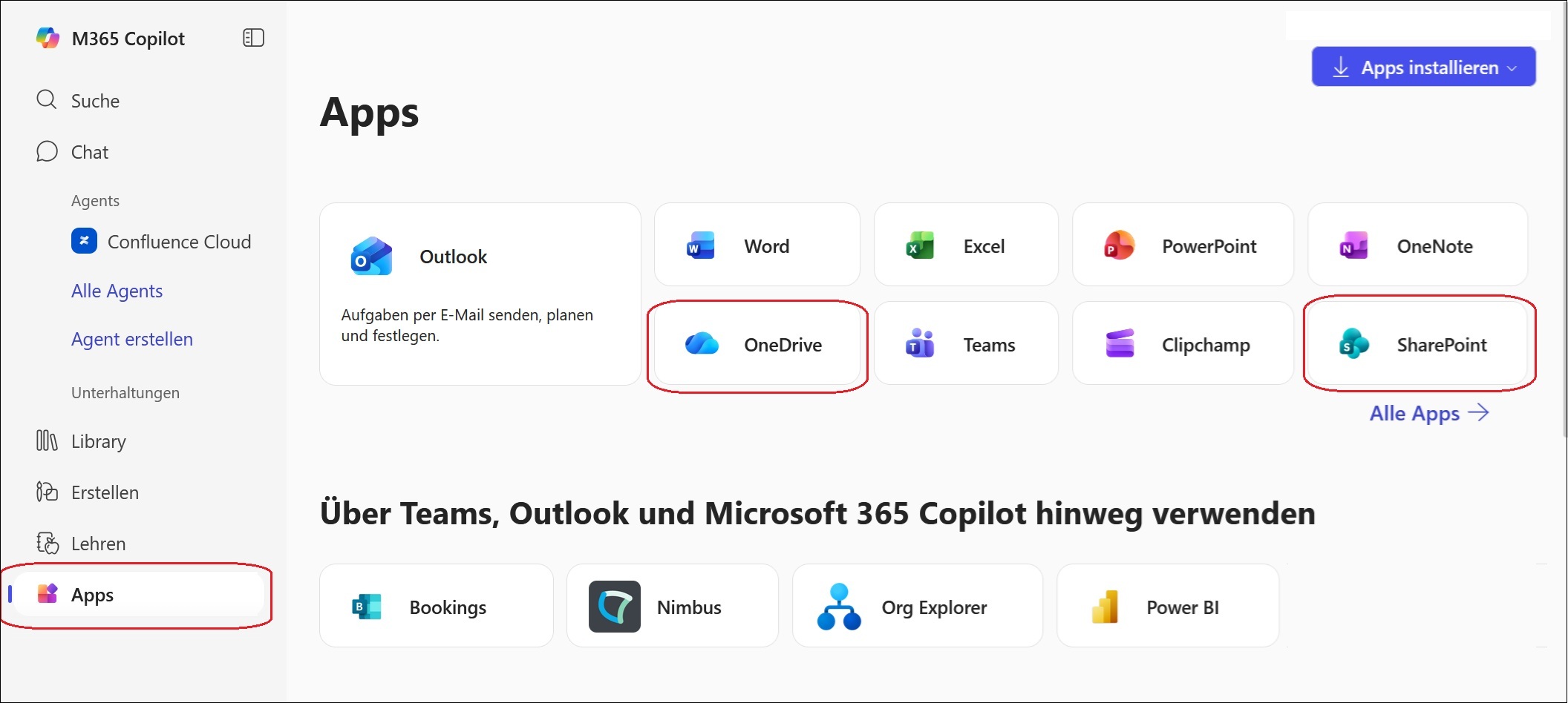 Apps-Register des Microsoft-Portals mit hervorgehobenen Apps OneDrive und SharePoint