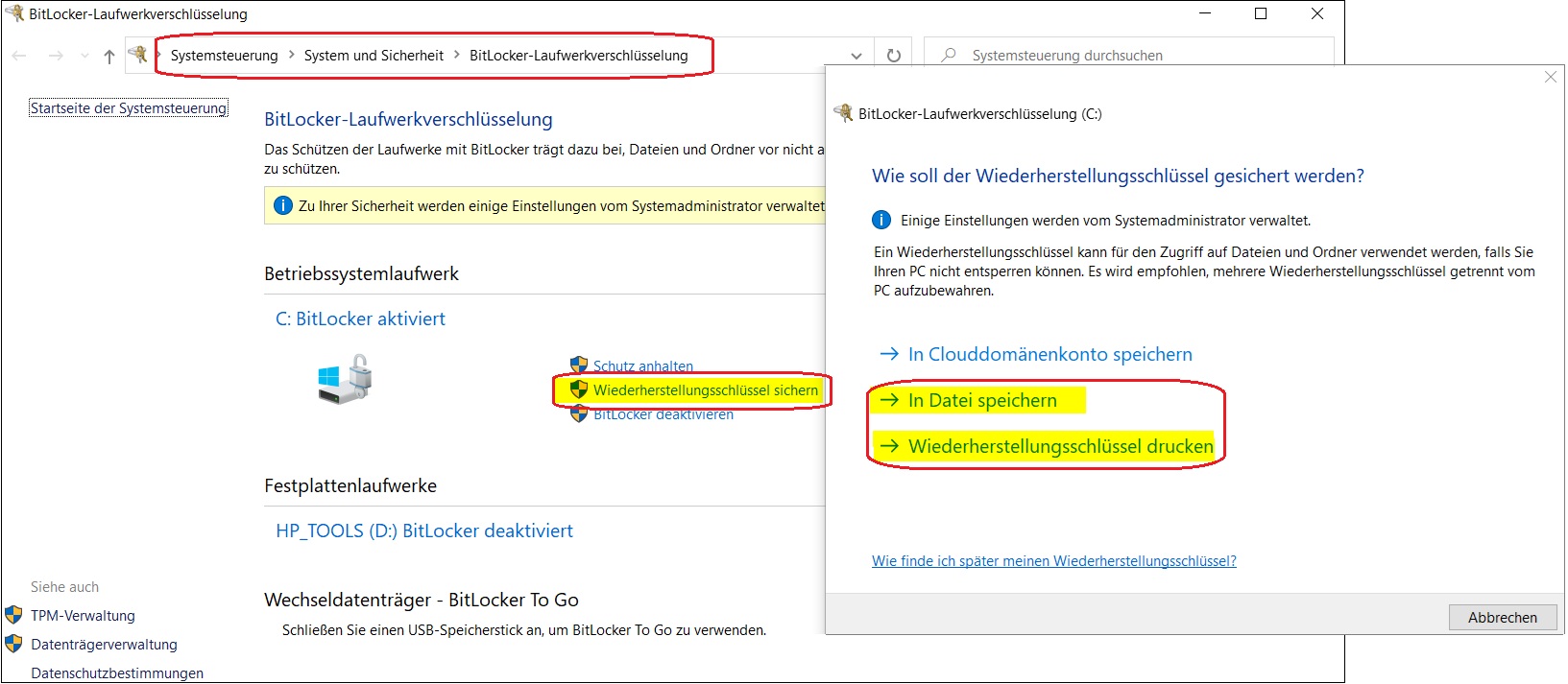 BitLocker-Einstellungen in der Systemsteuerung