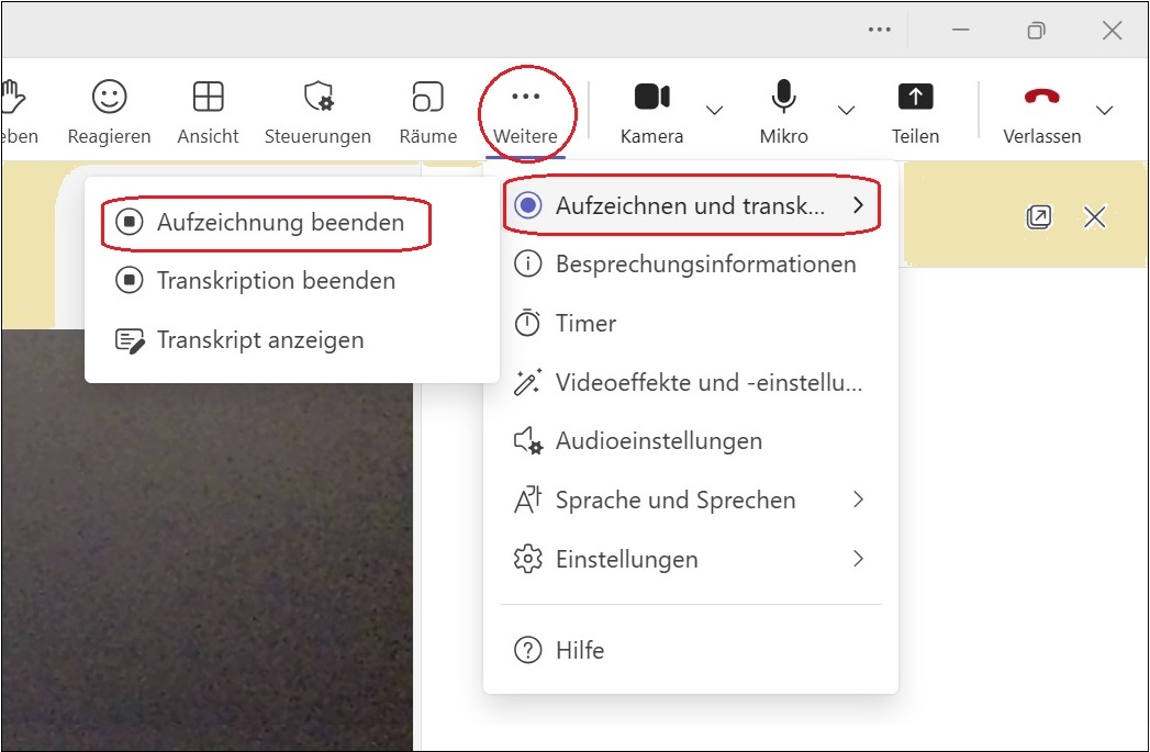 Bild 3: Teams-Besprechungsmenübefehl «Aufzeichnung beenden»