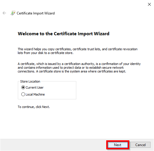 Certificate installation wizard start page