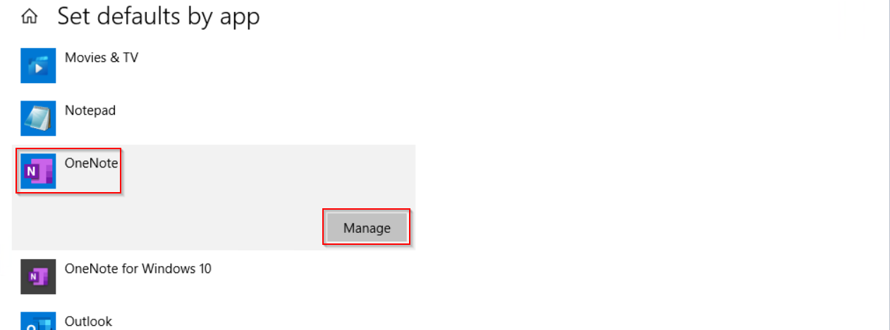 Select "OneNote 2016" and "Manage"