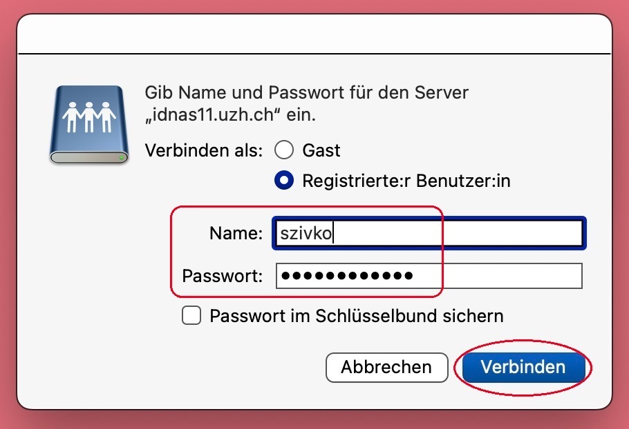 Bild 3: macOS-Dialogfeld zur Anmeldung am Server mit Eingabefeldern für Benutzername und Passwort.)