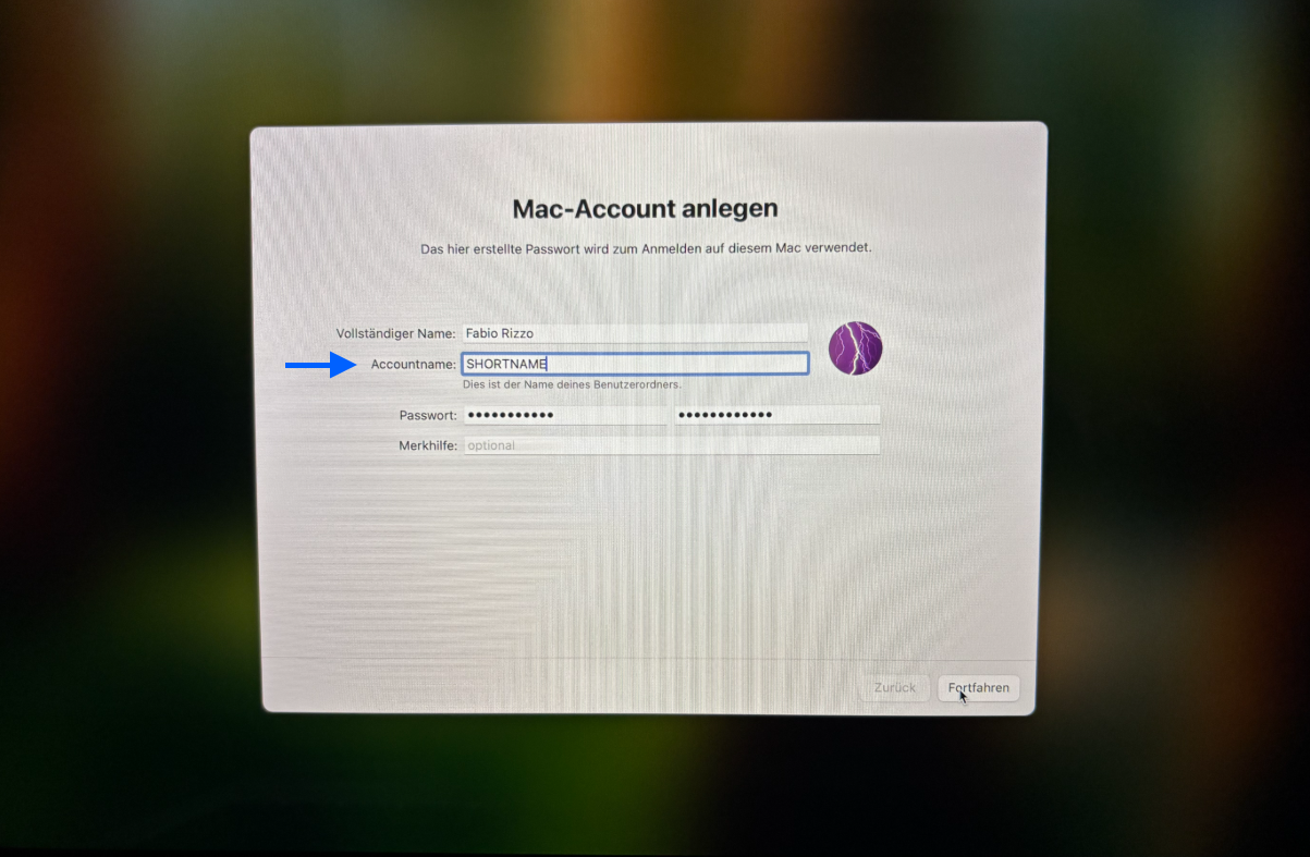 rstellen Sie einen Mac-Account: Ganz wichtig! Als Account-Name muss Ihr eigener UZH Shortname gesetzt werden. Als Passwort geben Sie bitte Ihr UZH Passwort ein und klicken Sie auf "Fortfahren".